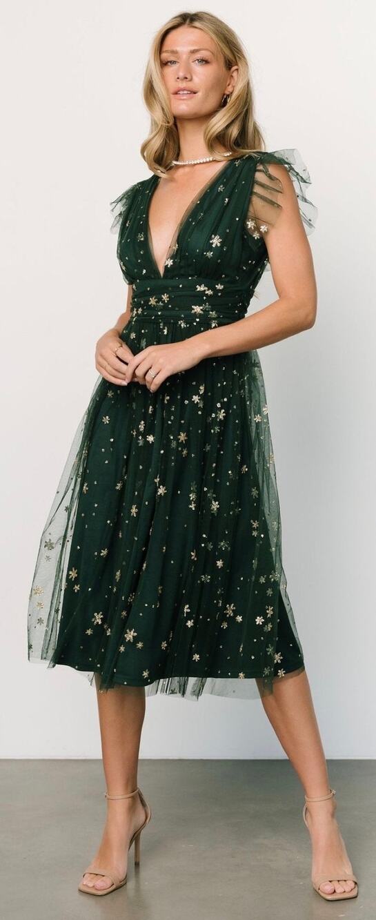 Baltic Born Forest Green Tulle Midi Dress with Gold Star Embroidery